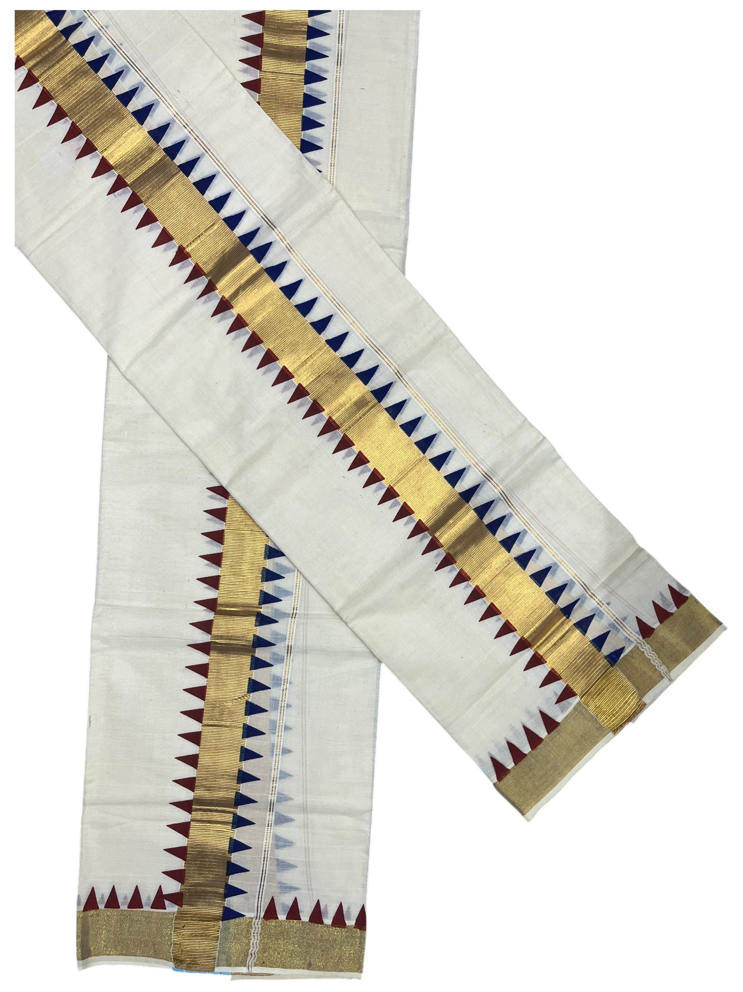 Southloom Kerala Cotton Kasavu Single Set Mundu (Mundum Neriyathum) with Maroon And Blue Temple Design Border SLKK