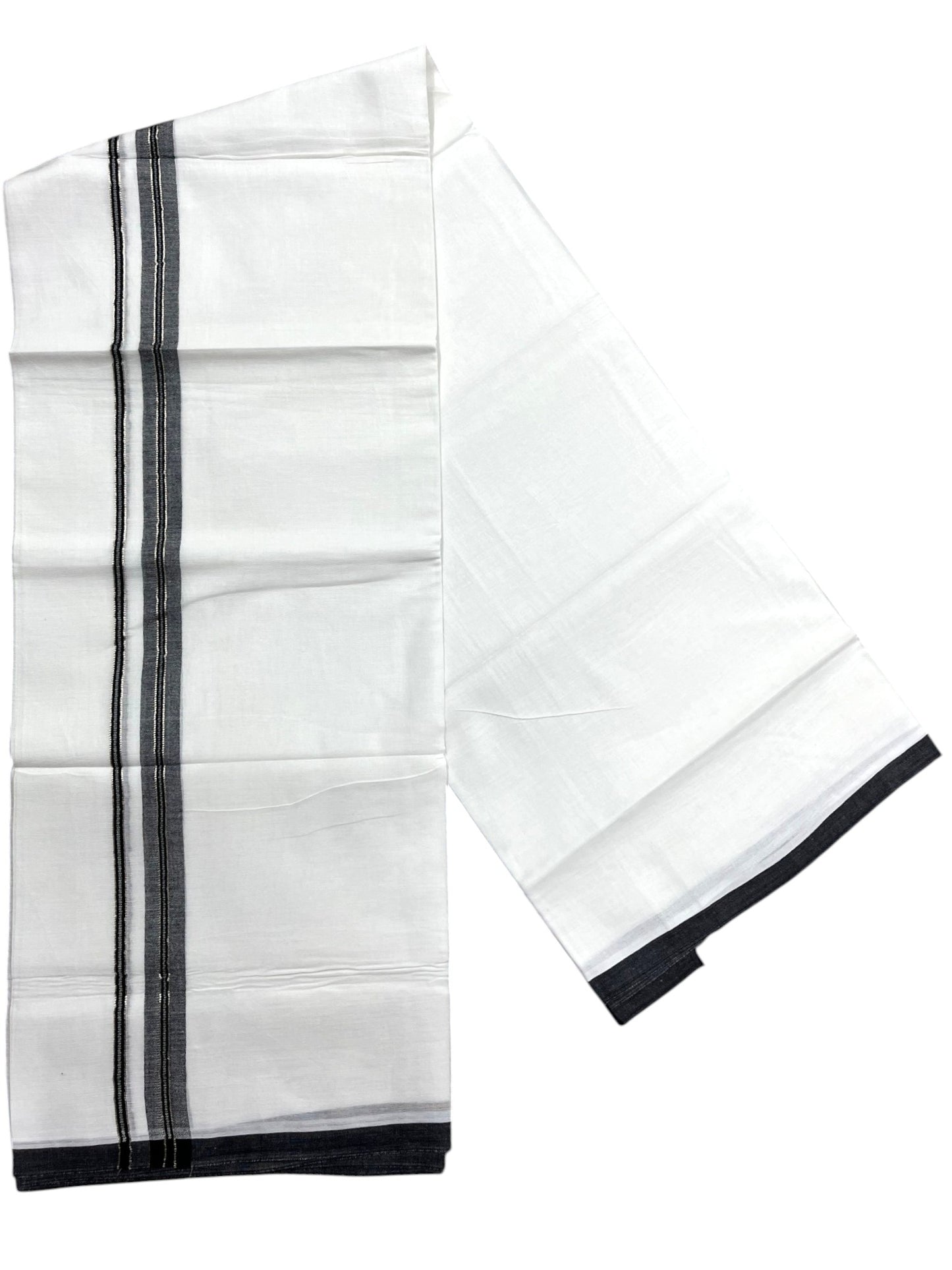 Southloom Pure White Cotton Mundu with Black & Silver Line Border (South Indian Kerala Dhoti)