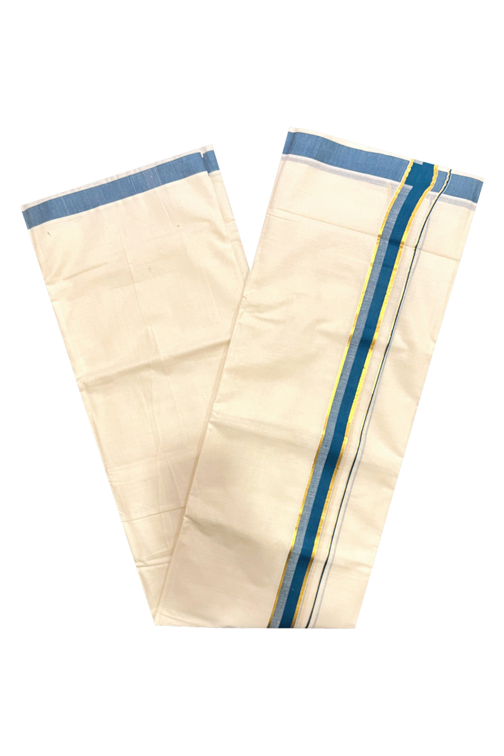 Kerala Pure Cotton Double Mundu with Teal Blue and Kasavu Border (South Indian Kerala Dhoti)