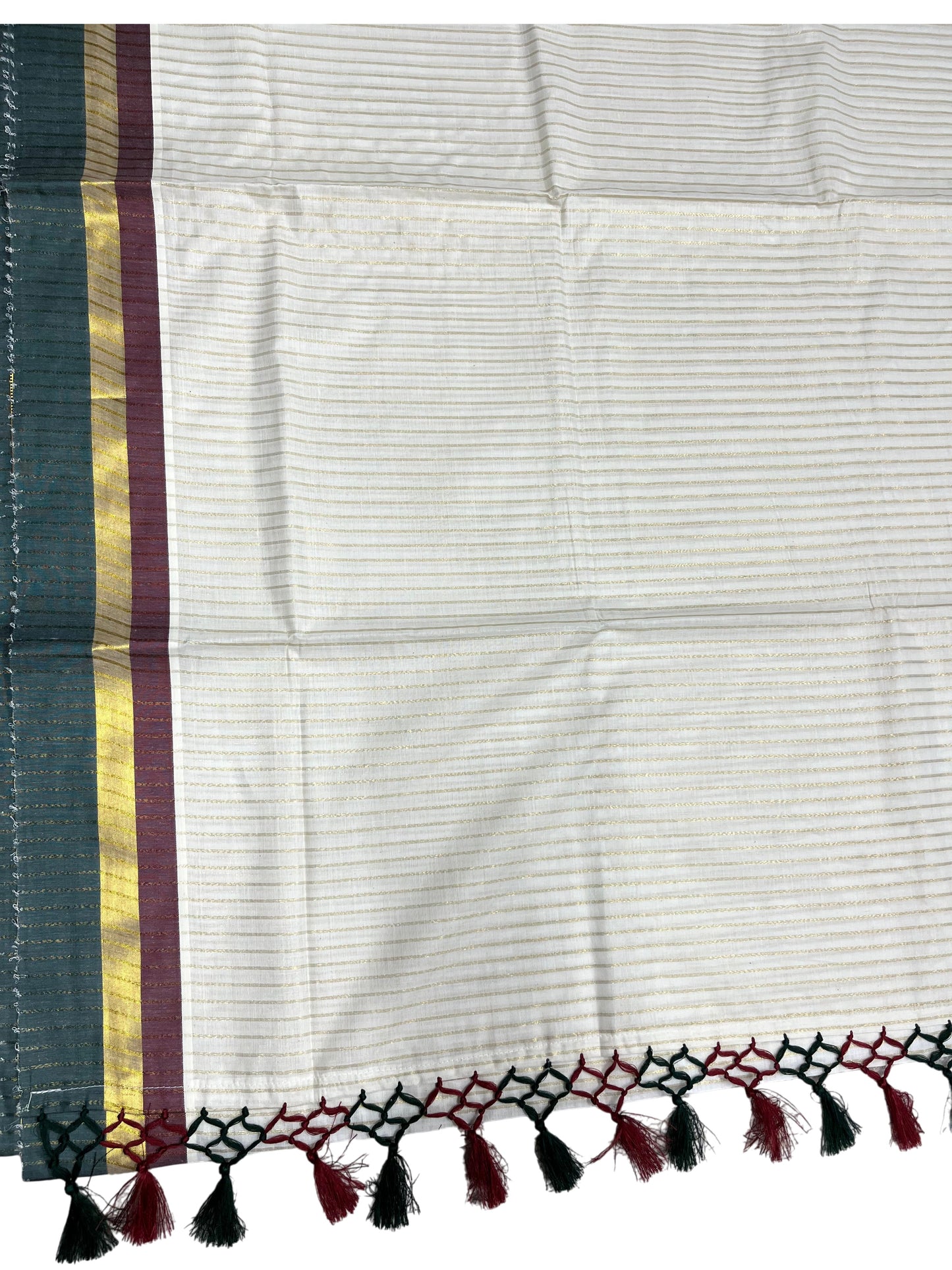Southloom Cotton Kerala Kasavu Saree with Stripes on Body and Maroon &Green Border with Tussels (Copy)