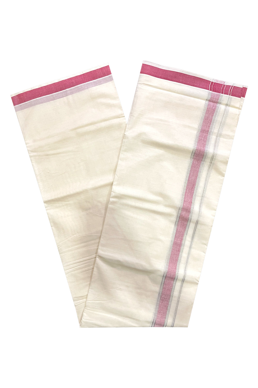 Pure Cotton Kerala Double Mundu with Silver Kasavu and Maroon Border (South Indian Kerala Dhoti)