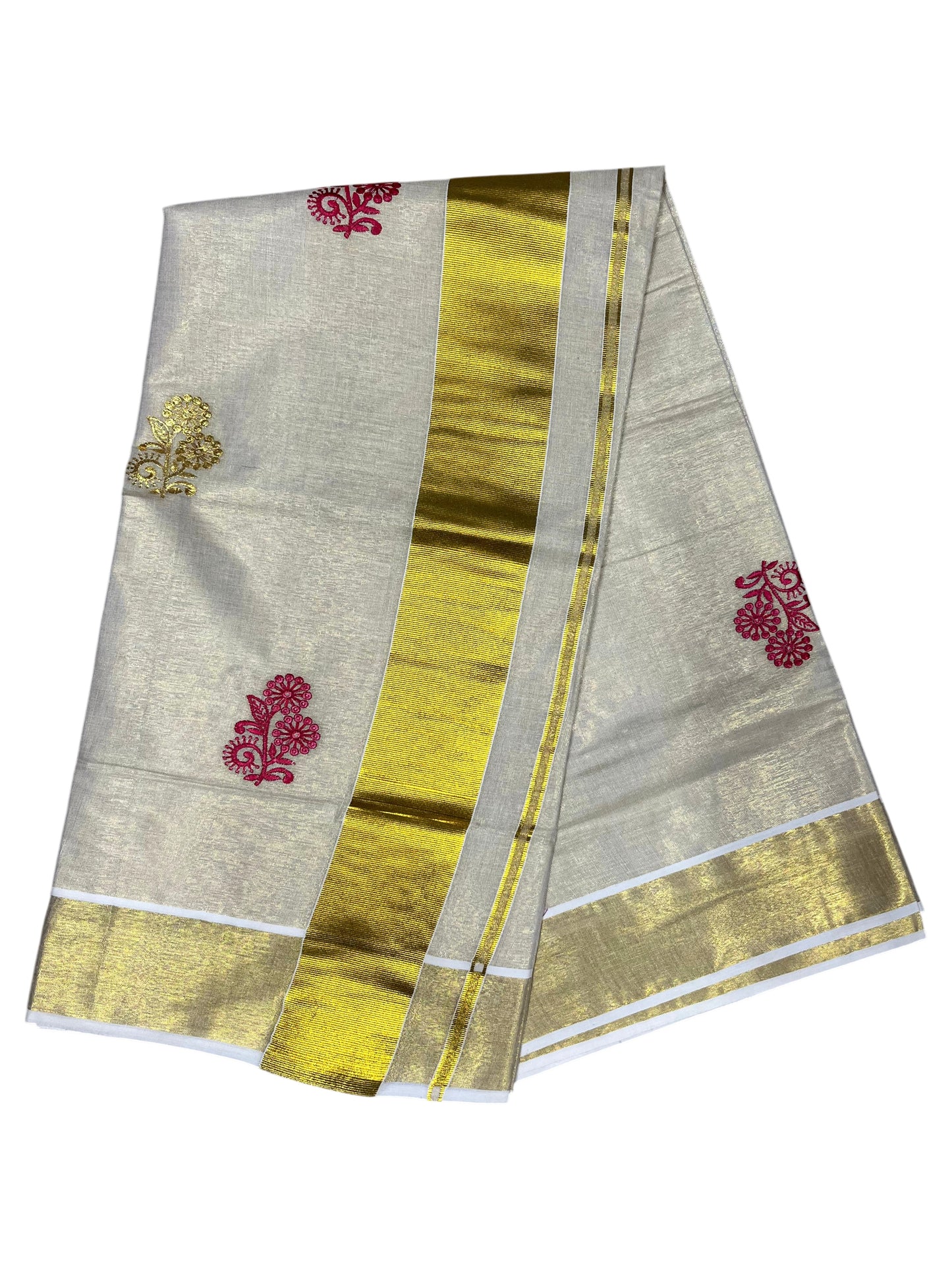 Southloom Kerala Tissue Kasavu Saree with Gold And Red Floral Embroidery Work on Body