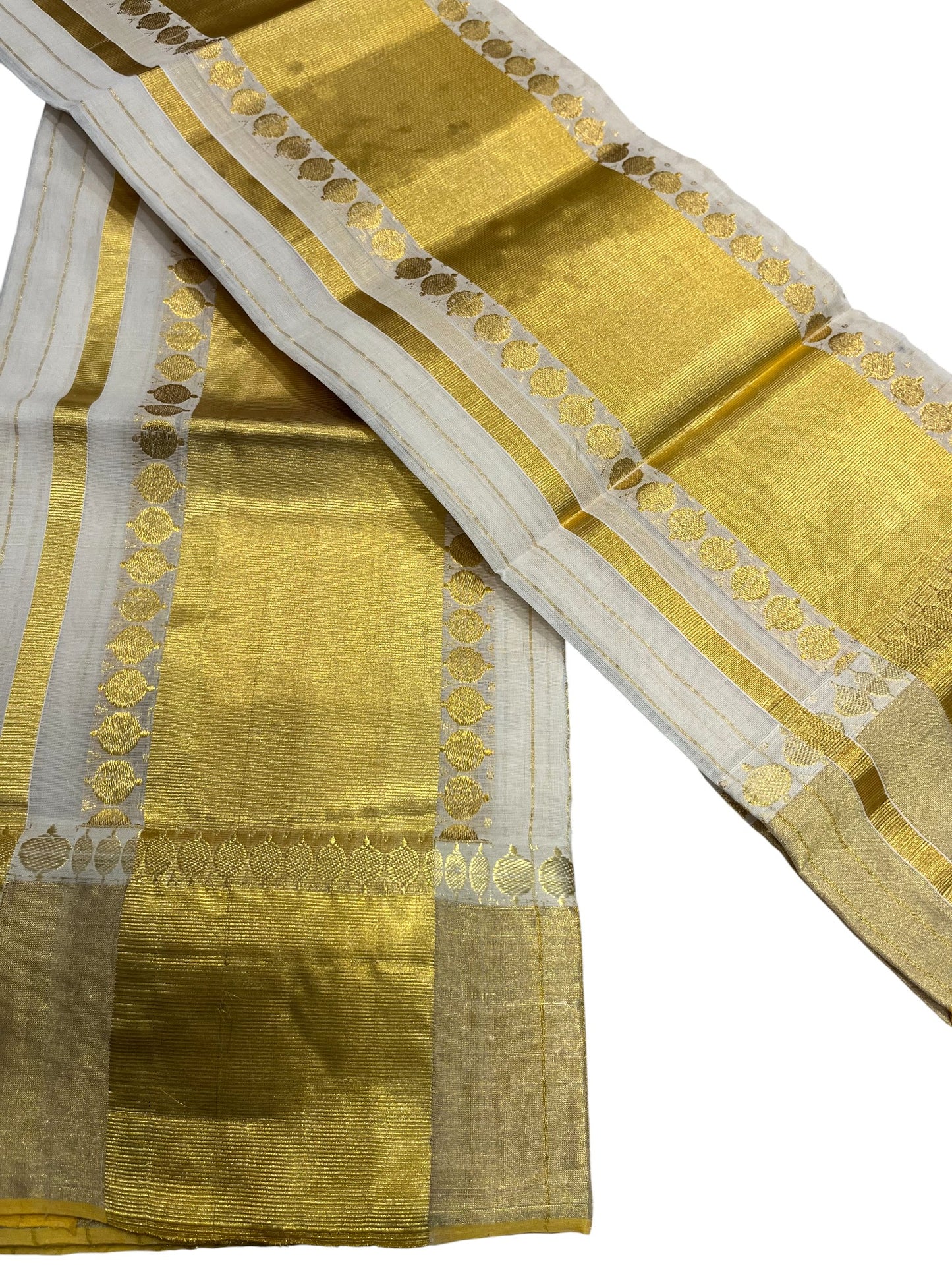 Southloom Handloom Premium Cotton Kasavu Stripes Set Mundu With Polka Woven Patterns On Border (Mundum Neriyathum) 2.80 Mtrs