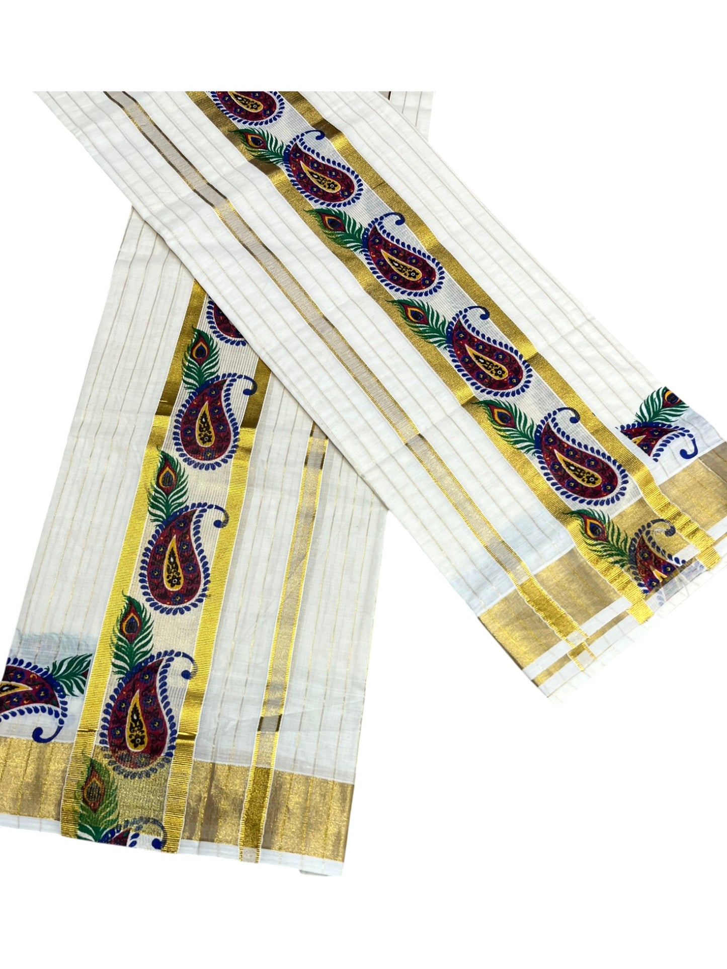 Southloom  Cotton Lines Single Set Mundu (Mundu Neriyathum) Floral Digital Print With Gold Border Kasavu in 2.80 Mtrs