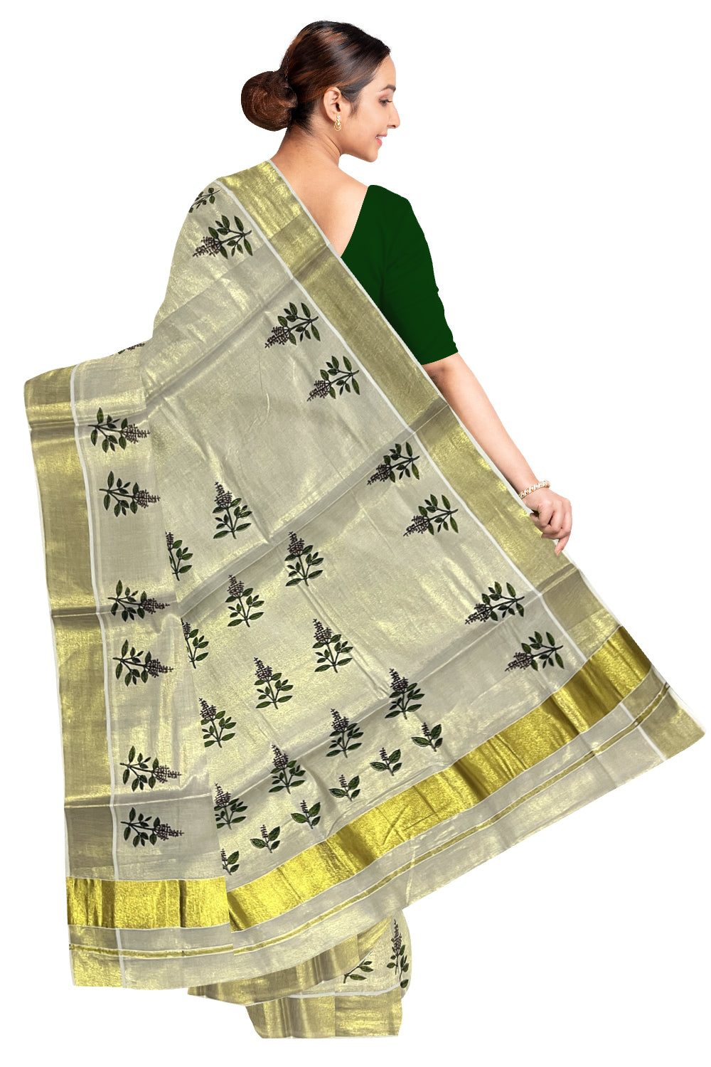 Kerala Kasavu Tissue Saree with Thulasi Kathir Mural Prints on Body