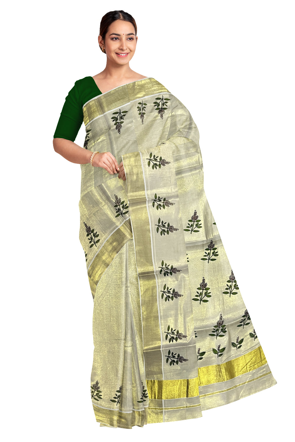 Kerala Kasavu Tissue Saree with Thulasi Kathir Mural Prints on Body