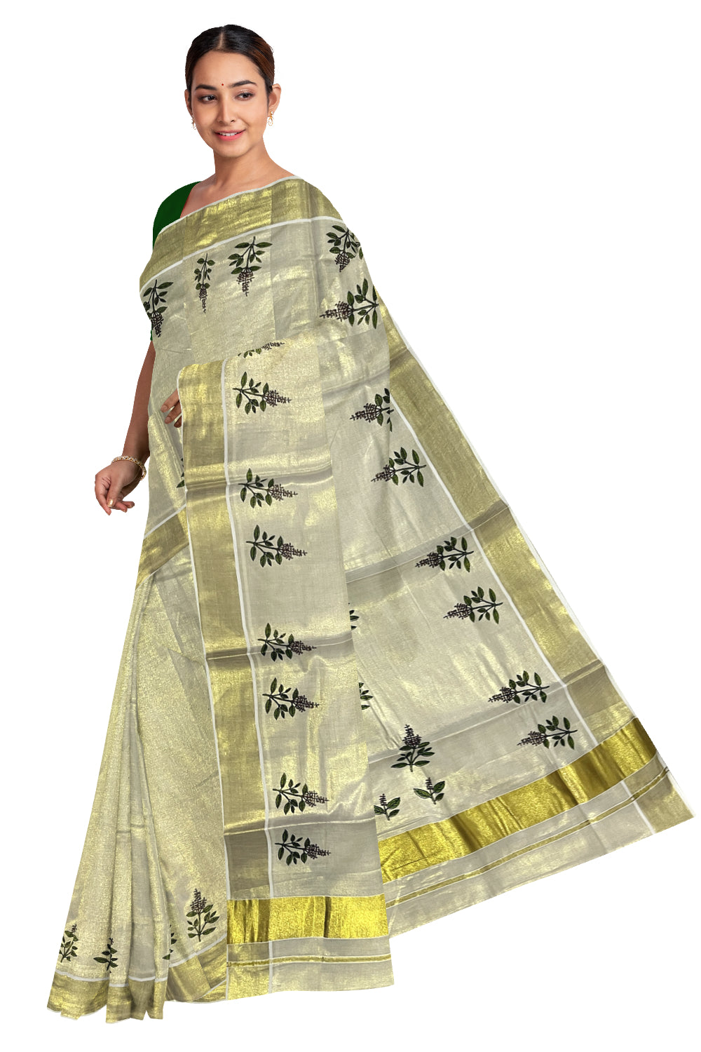 Kerala Kasavu Tissue Saree with Thulasi Kathir Mural Prints on Body