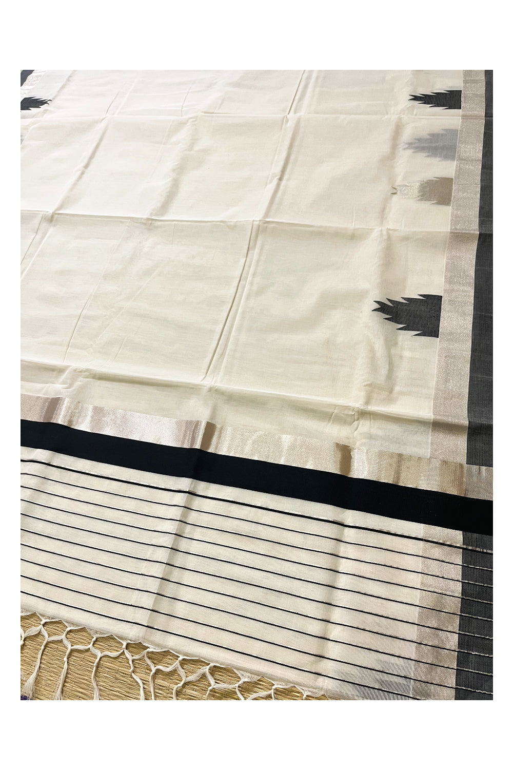 Southloom™ Premium Handloom Kerala Saree with Silver Kasavu and Black Temple Border