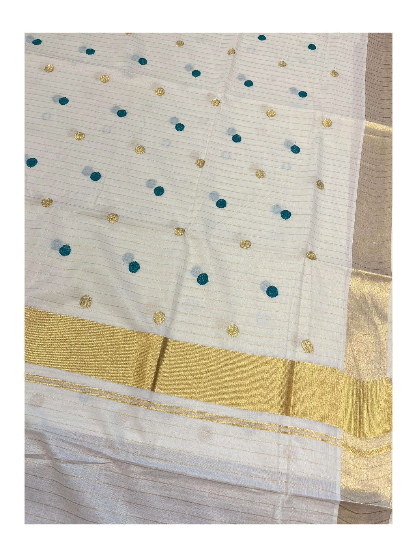 Southloom Kerala Pure Cotton Saree with Gold&Blue Polka Embroidery Works on Body