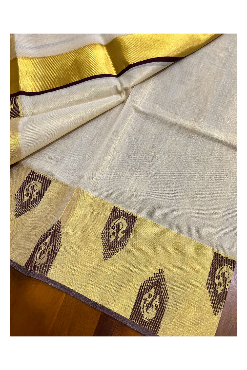 Southloom Handloom Premium Tissue Kasavu Set Mundu With Brown Peacock Woven Patterns (Mundum Neriyathum) 2.70 Mtrs