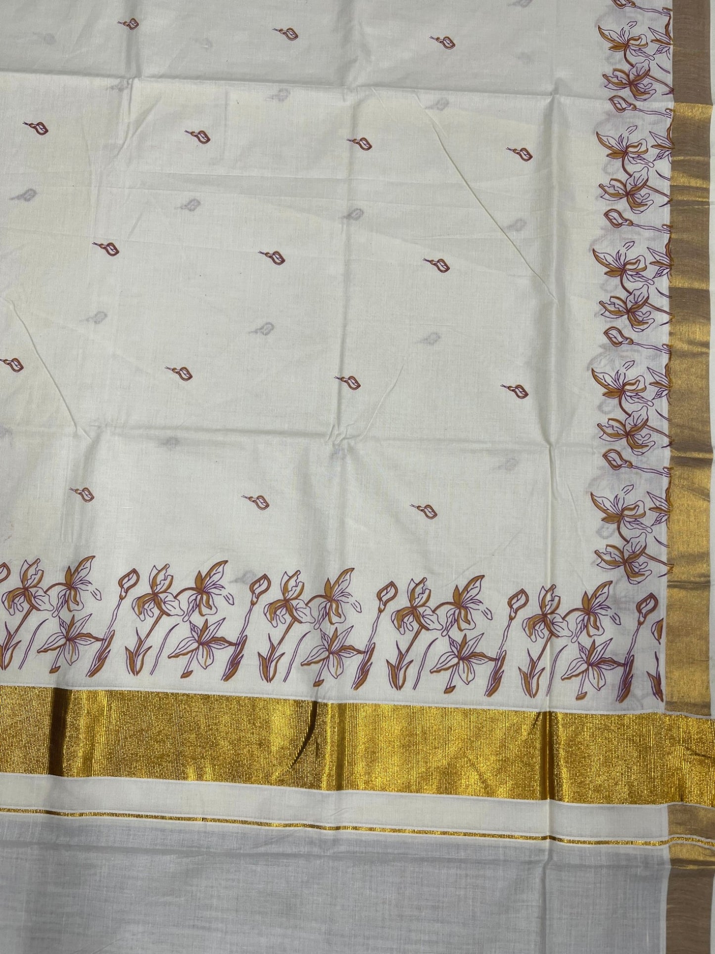 Southloom Cotton Kerala Kasavu Saree with Floral Printed