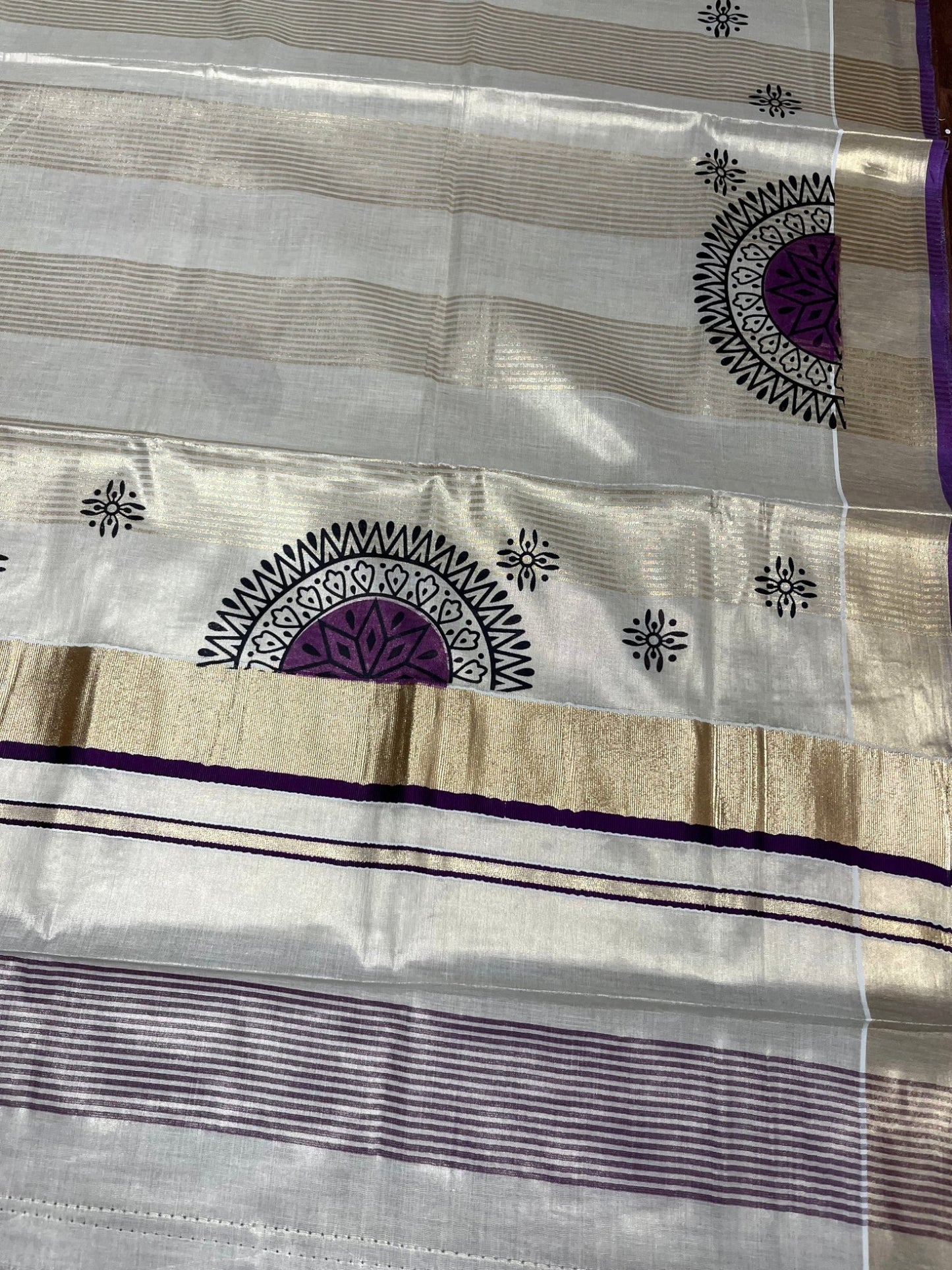Southloom Tissue Kerala Kasavu Saree with Block Print on Body and Borders in Purple