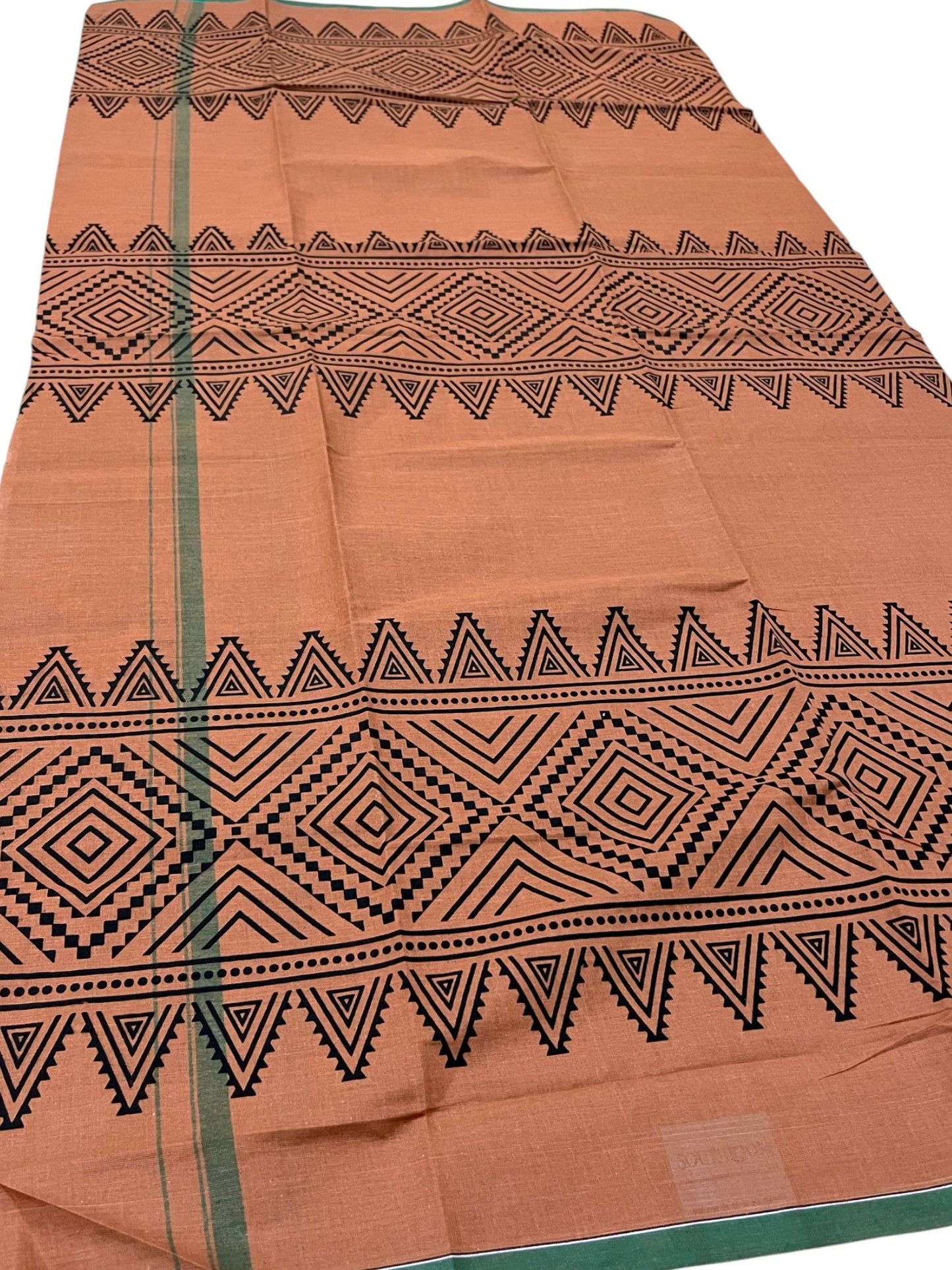Southloom Saffron (Kaavi) Black Printed Single Mundu / Lungi (South Indian Kerala Dhoti) SL319