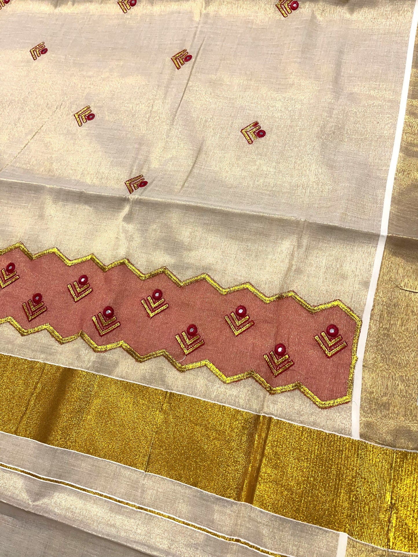 Southloom Tissue Kerala Kasavu Saree with Embroidery Design