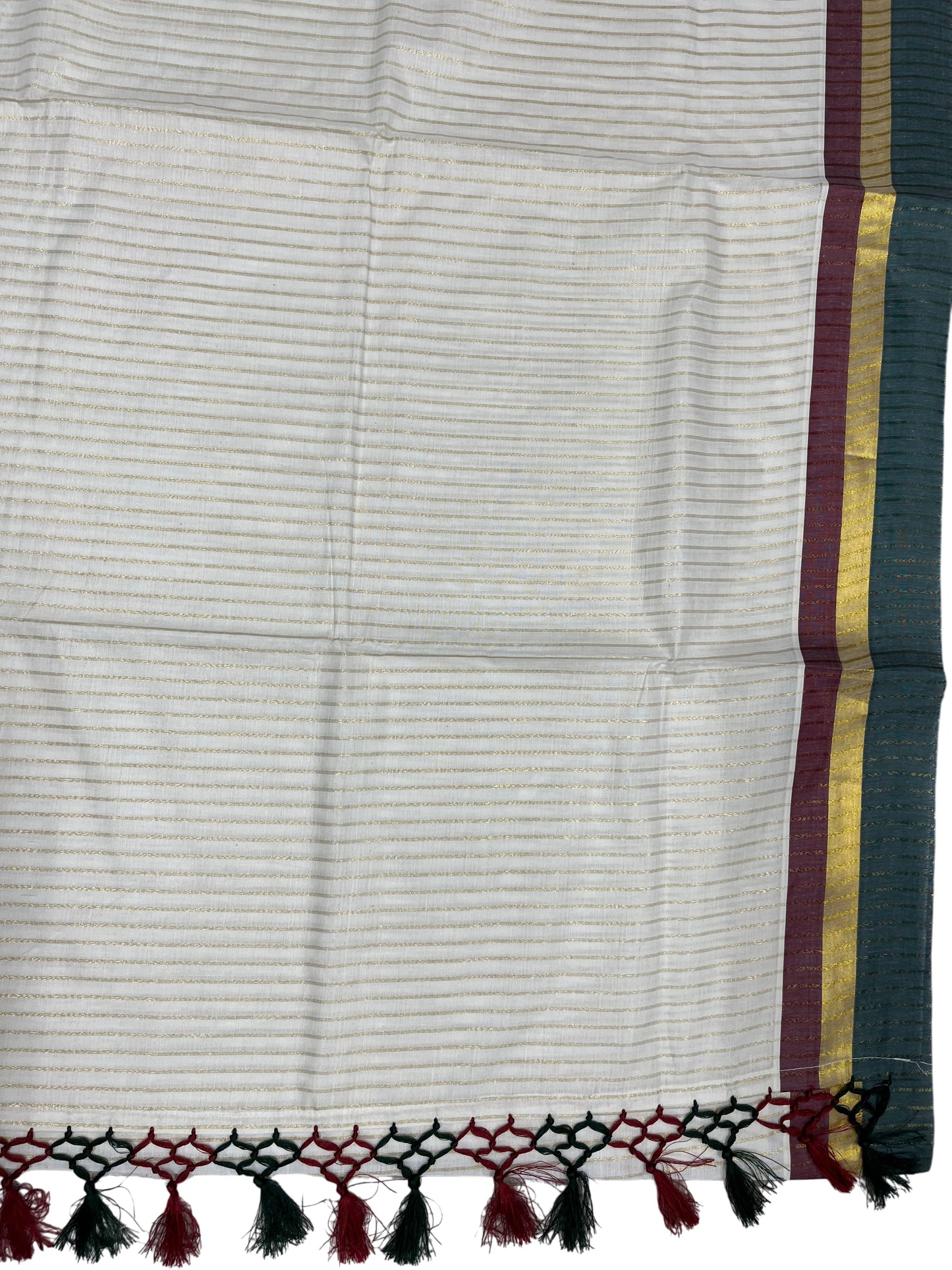 Southloom Cotton Kerala Kasavu Saree with Stripes on Body and Maroon &Green Border with Tussels (Copy)