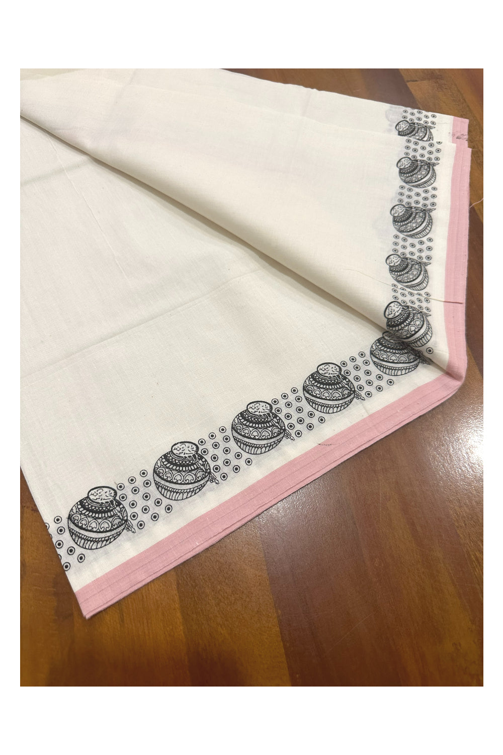 Kerala Cotton Set Mundu (Mundum Neriyathum) with Black Block Prints in Pink Border (Onam Set Mundu 2023)