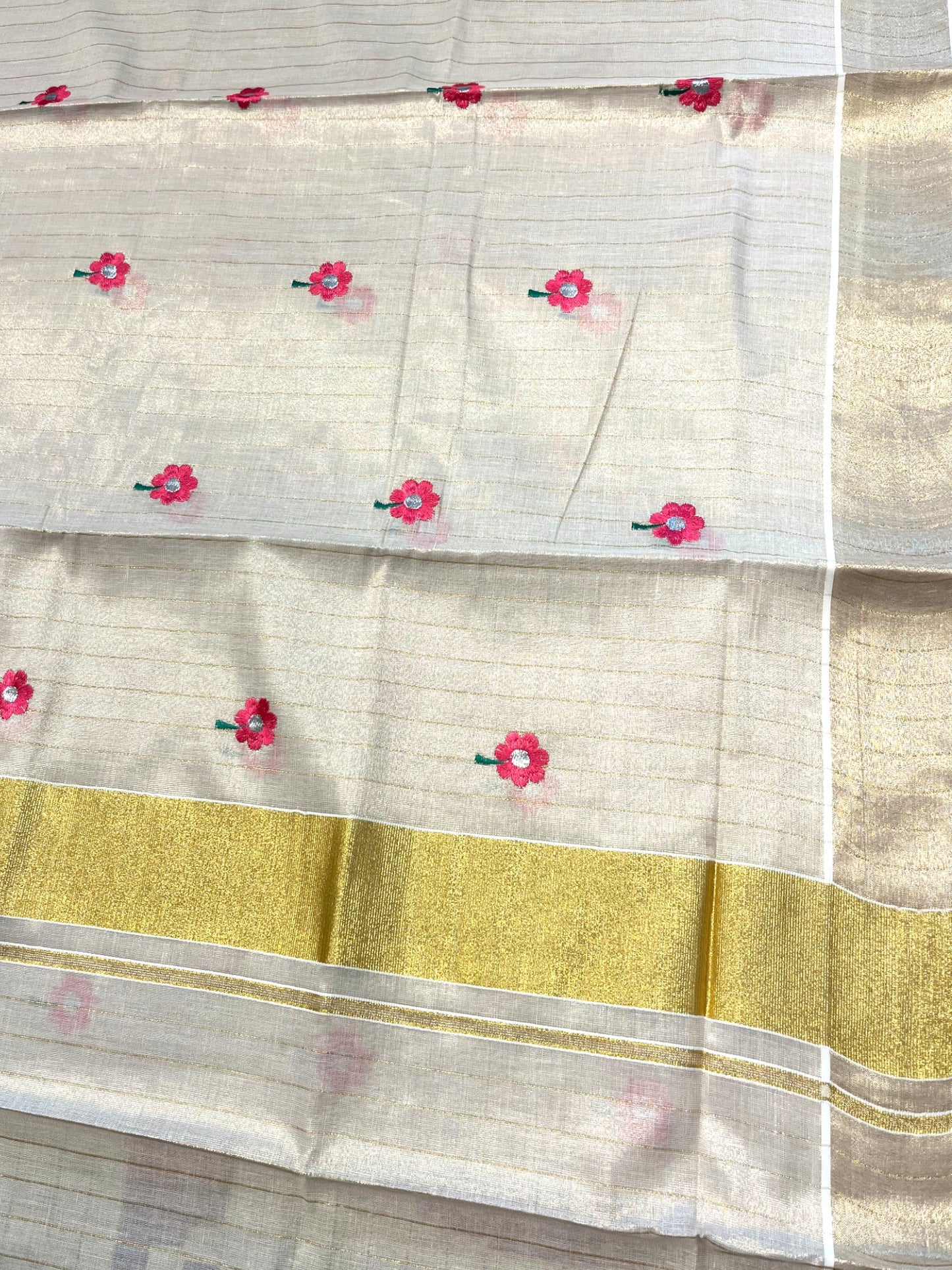 Southloom Tissue Kerala Kasavu Stripes Saree with Pink Floral Embroidery Design