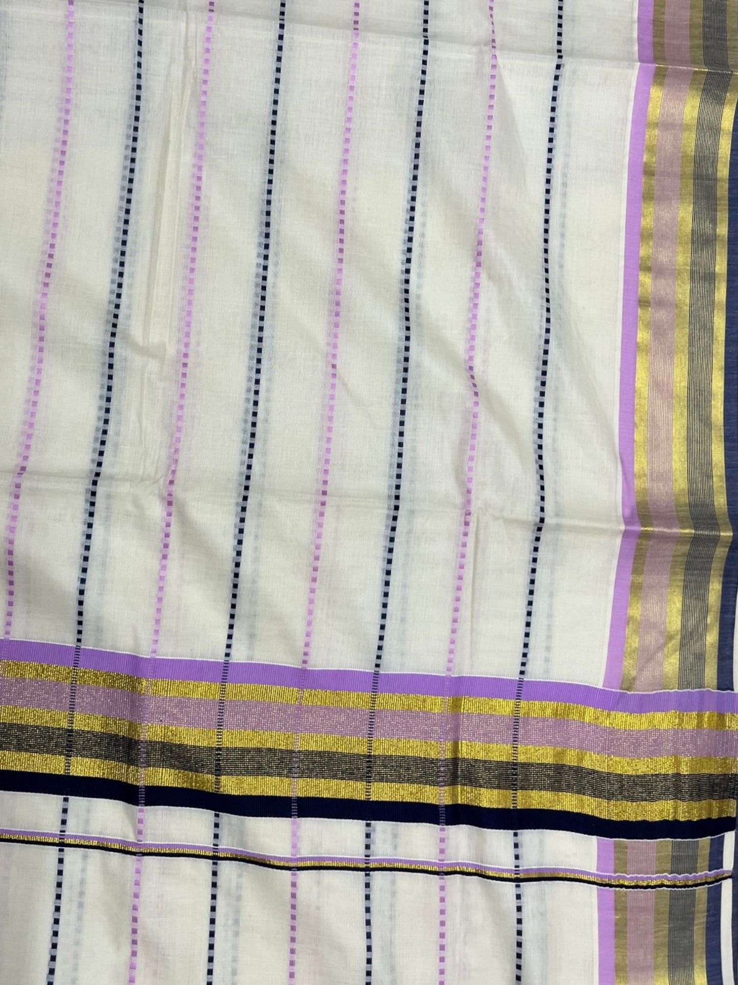 Southloom Cotton Kasavu Saree with Lavendar and Black Thread Work Across Body