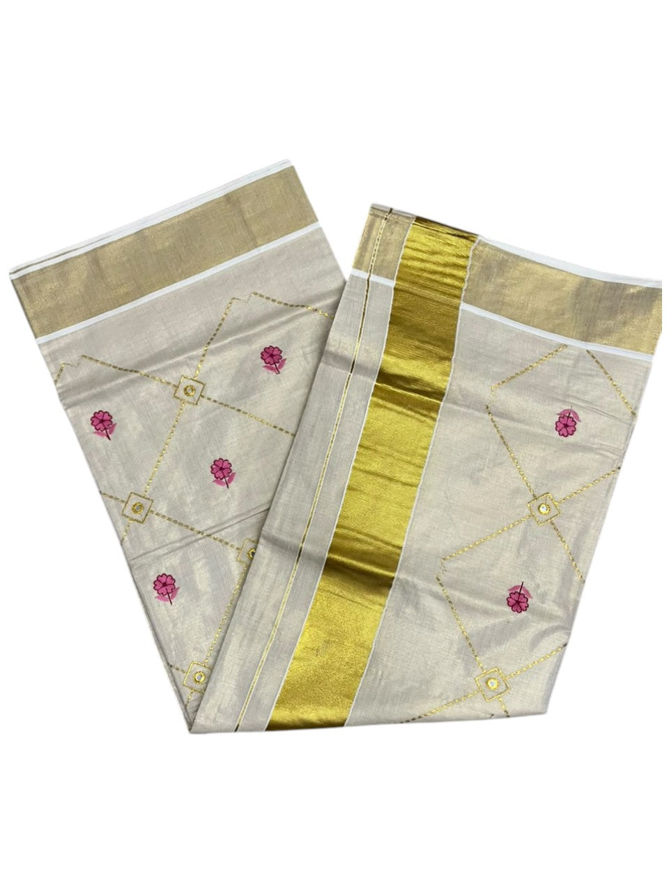 Southloom Kerala Tissue Kasavu Saree with Floral Embroidery Work on Body in Pink