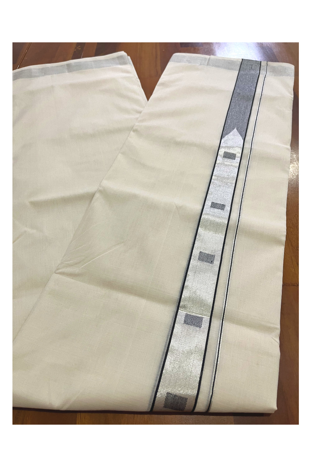 Premium Balaramapuram Unakkupaavu Handloom Mundu with Silver Kasavu and Black Border (South Indian Kerala Dhoti)