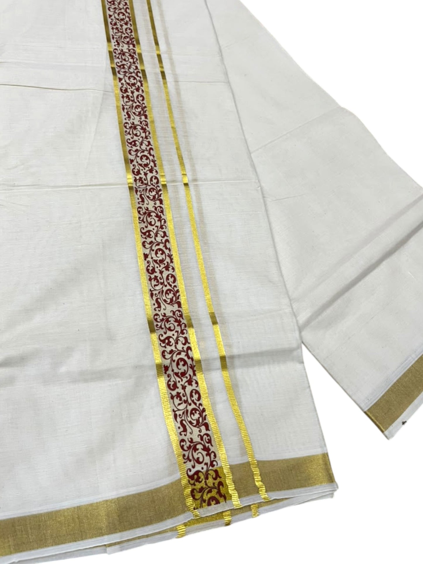 Southloom Pure Cotton Double Mundu with Maroon Block Printed And Ksavu Border (South Indian Kerala Dhoti)
