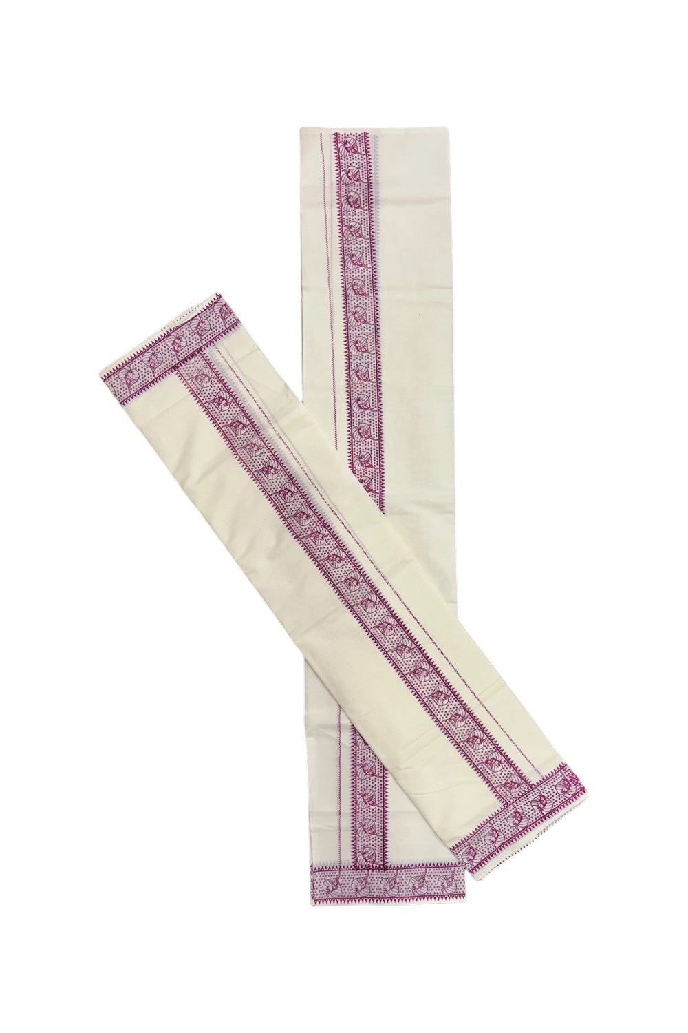 Pure Cotton Kerala Set Mundu with Magenta Block Printed Border