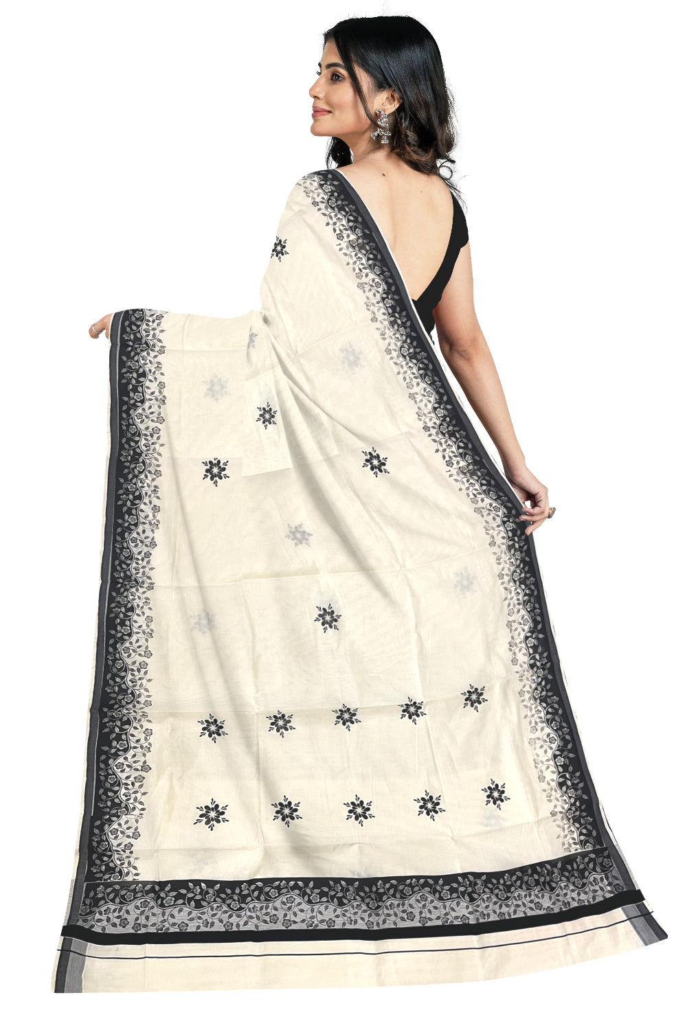 Kerala Cotton Saree with Black Floral Block Prints on Border (Onam Saree 2023)