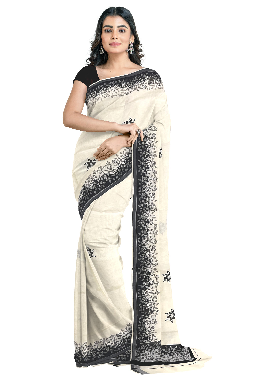 Kerala Cotton Saree with Black Floral Block Prints on Border (Onam Saree 2023)