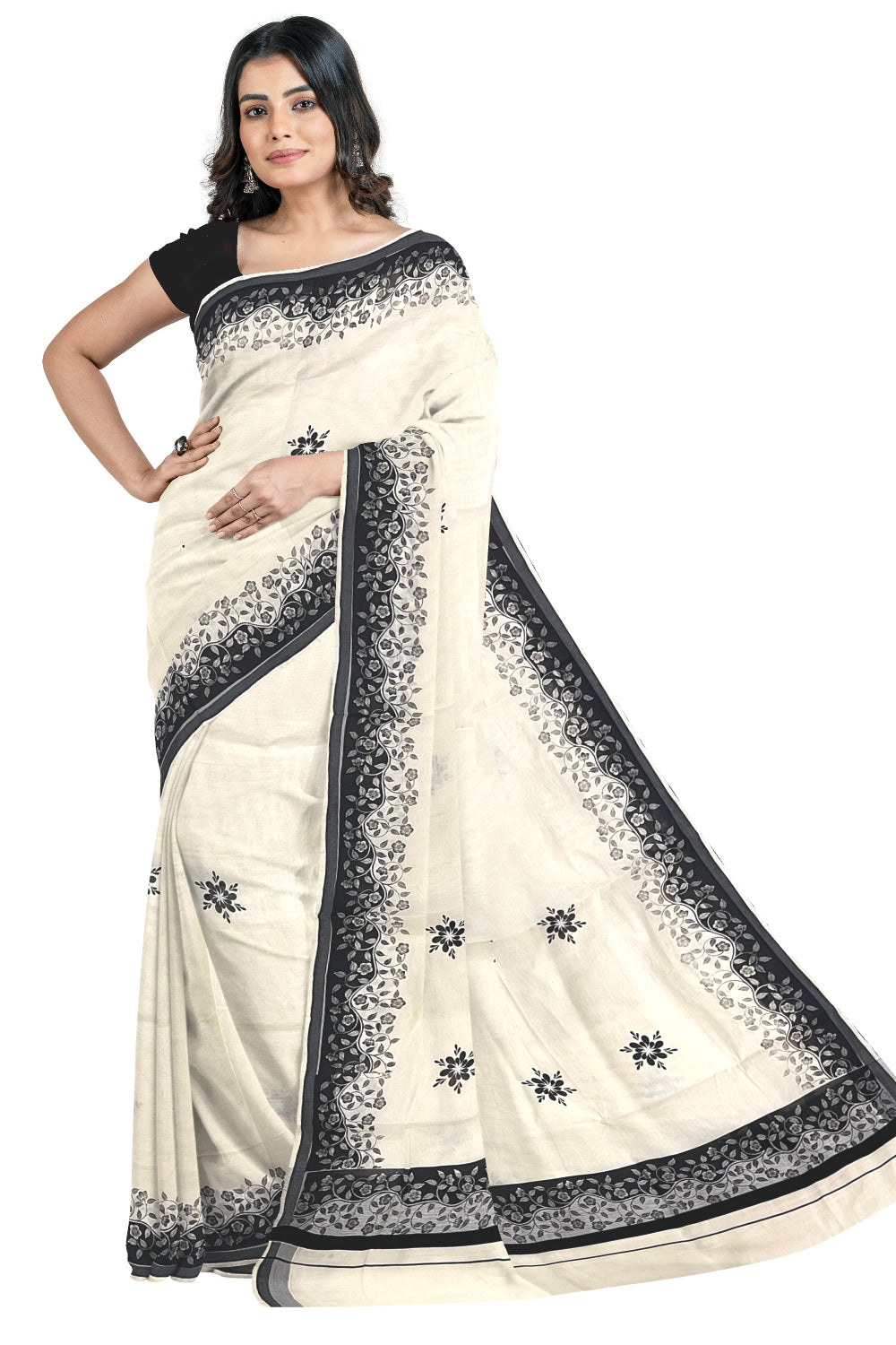 Kerala Cotton Saree with Black Floral Block Prints on Border (Onam Saree 2023)