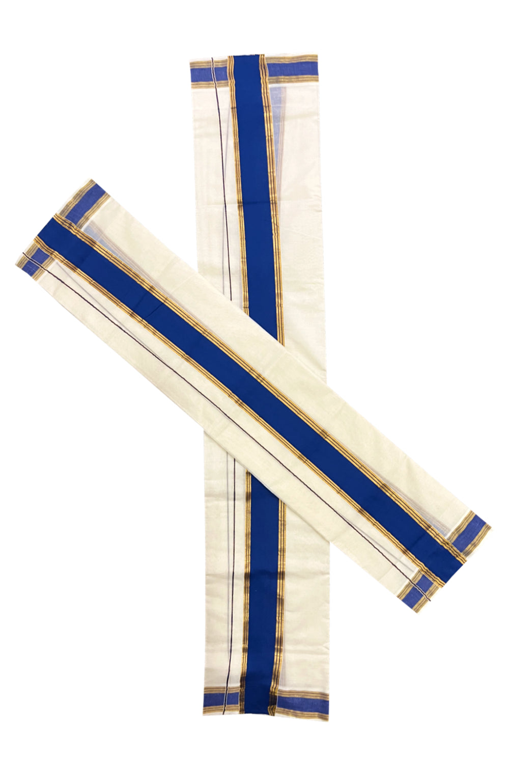 Kerala Cotton Mundum Neriyathum Single (Set Mundu) with Blue and Kasavu Border