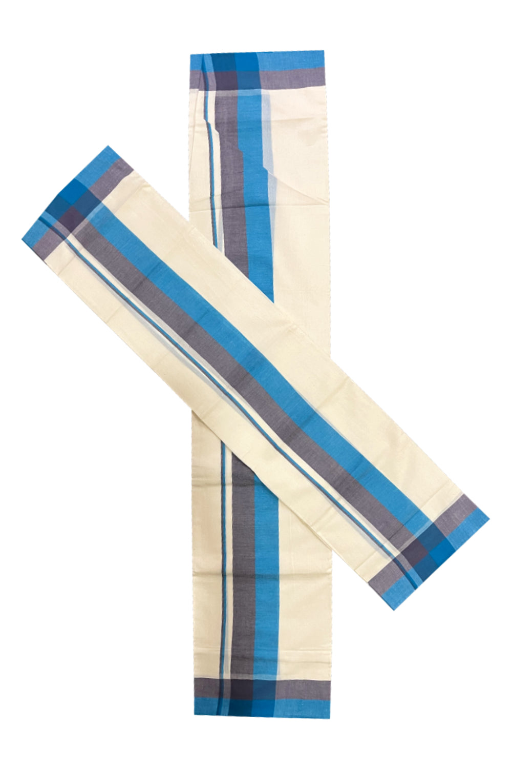 Pure Cotton Mundum Neriyathum Double (Set Mundu) with Blue and Grey Border