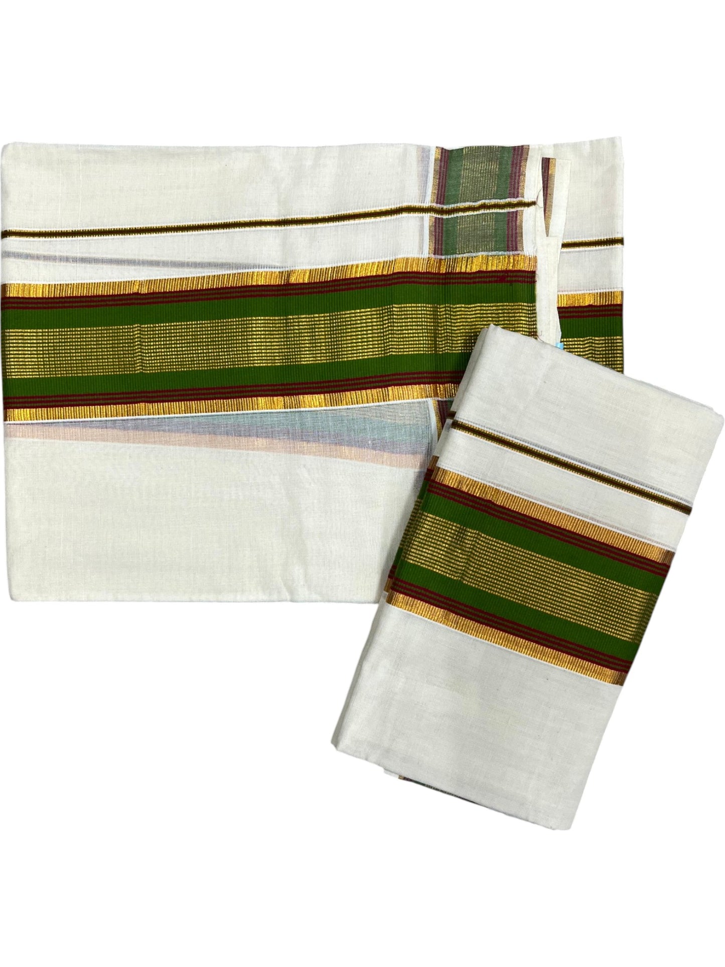 Kerala Cotton Set Mundu (Mundum Neriyathum) with Kasavu and Olive Green& Maroon Border in 2.80 Mtrs SLKK SL470