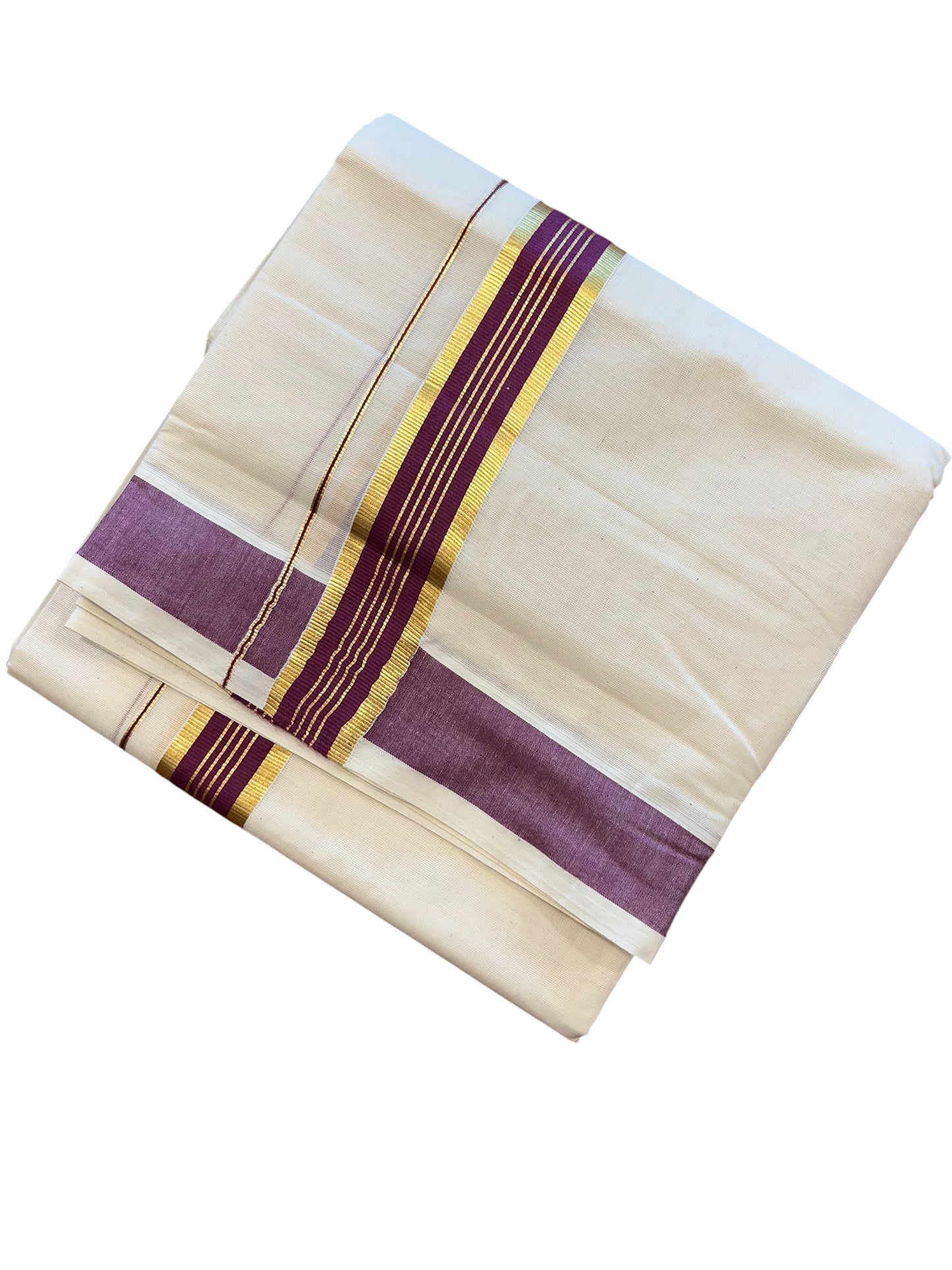 Southloom Pure Cotton Mundu with Gold Kasavu and Magenta Border (South Indian Kerala Dhoti)