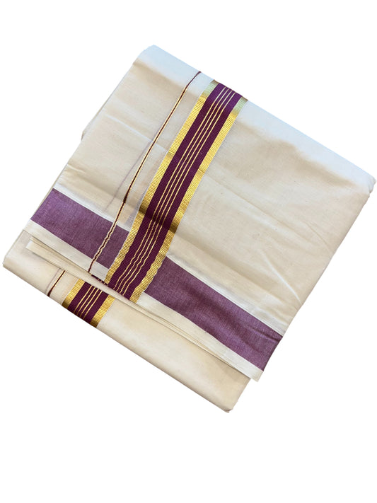 Southloom Pure Cotton Mundu with Gold Kasavu and Magenta Border (South Indian Kerala Dhoti)