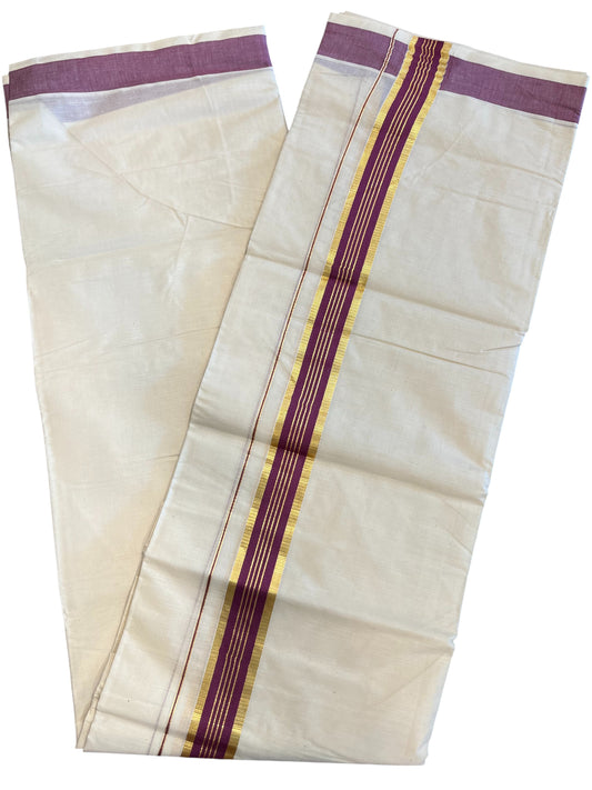 Southloom Pure Cotton Mundu with Gold Kasavu and Magenta Border (South Indian Kerala Dhoti)