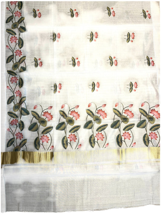 Southloom Kerala Lines Tissue Digital Print Kasavu Saree