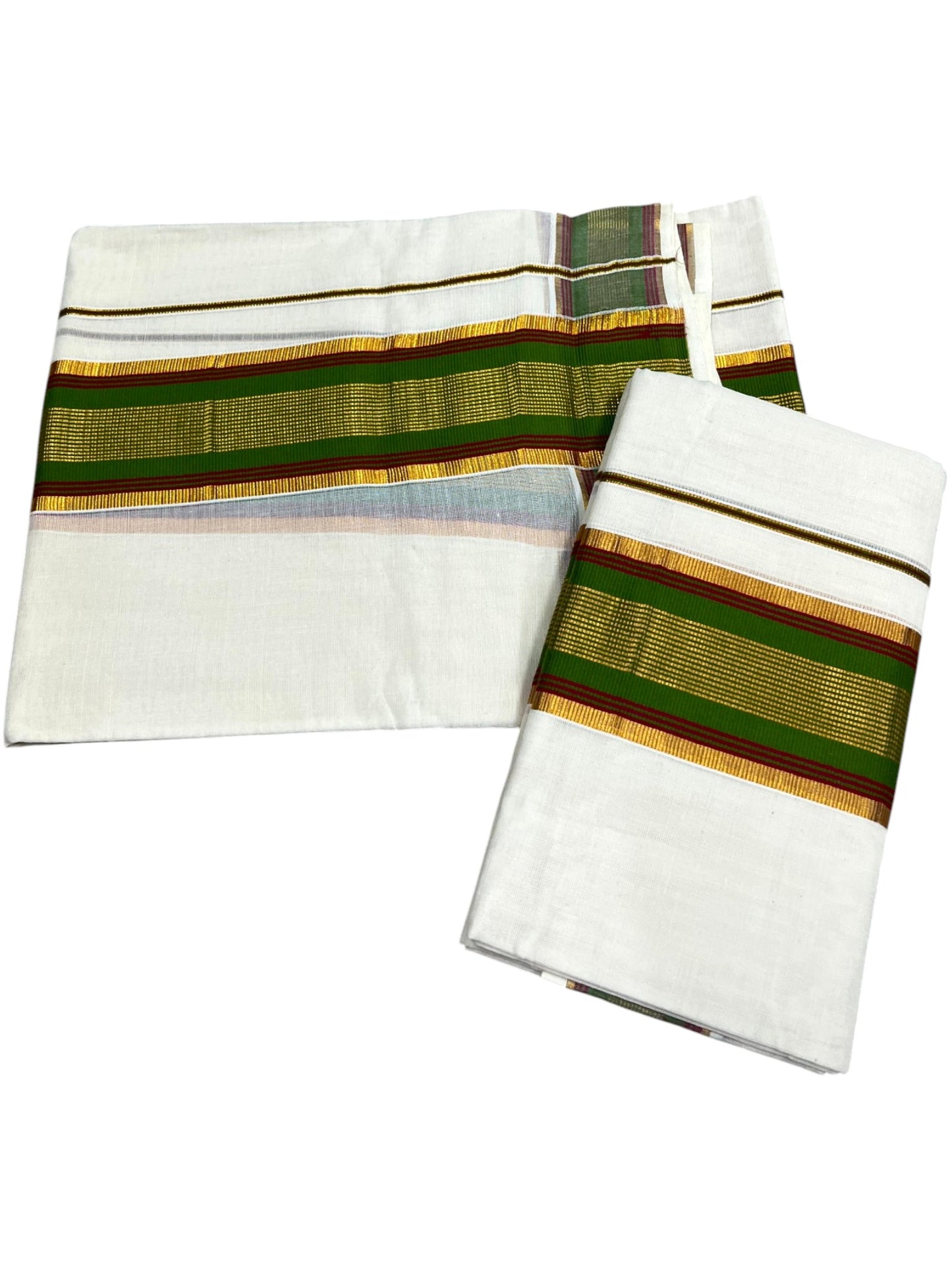 Kerala Cotton Set Mundu (Mundum Neriyathum) with Kasavu and Olive Green& Maroon Border in 2.80 Mtrs SLKK SL470