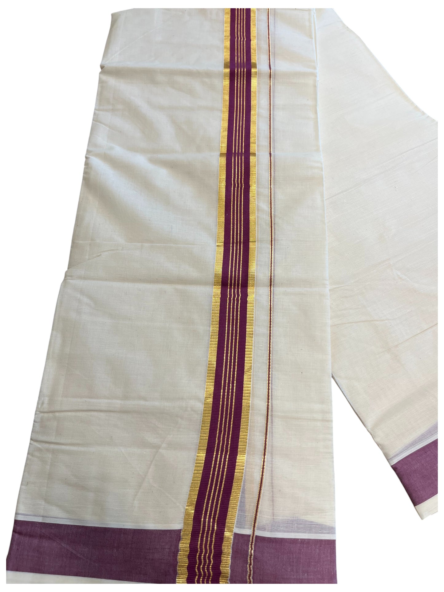 Southloom Pure Cotton Mundu with Gold Kasavu and Magenta Border (South Indian Kerala Dhoti)