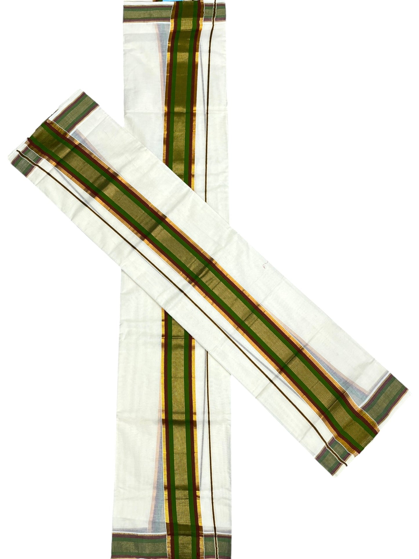 Kerala Cotton Set Mundu (Mundum Neriyathum) with Kasavu and Olive Green& Maroon Border in 2.80 Mtrs SLKK SL470
