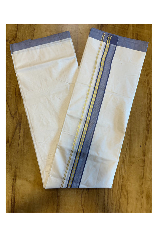 Pure Cotton Mundu with Gold Lines and Blue Border (South Indian Kerala Dhoti)