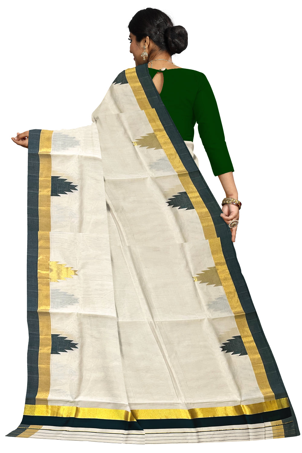 Southloom™ Premium Handloom Kerala Saree with Kasavu and Green Temple Border