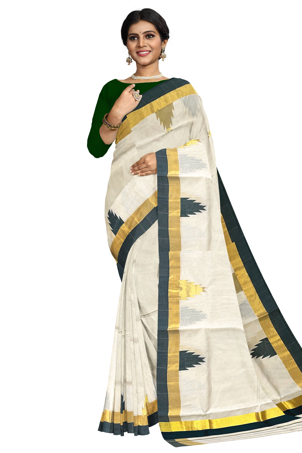 Southloom™ Premium Handloom Kerala Saree with Kasavu and Green Temple Border