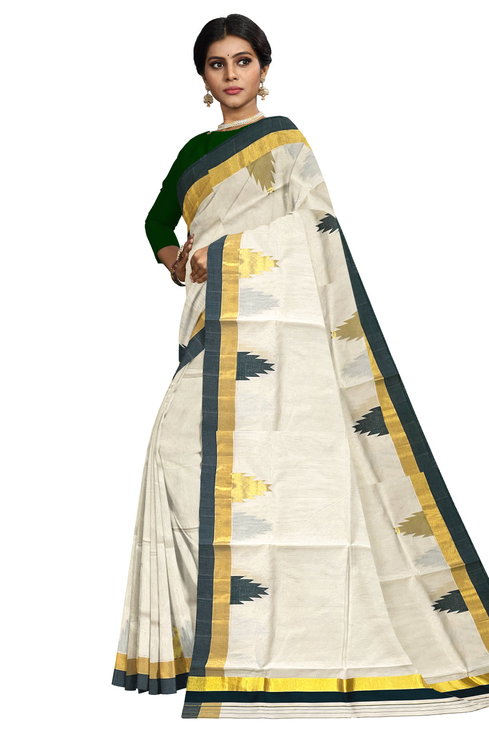 Southloom™ Premium Handloom Kerala Saree with Kasavu and Green Temple Border