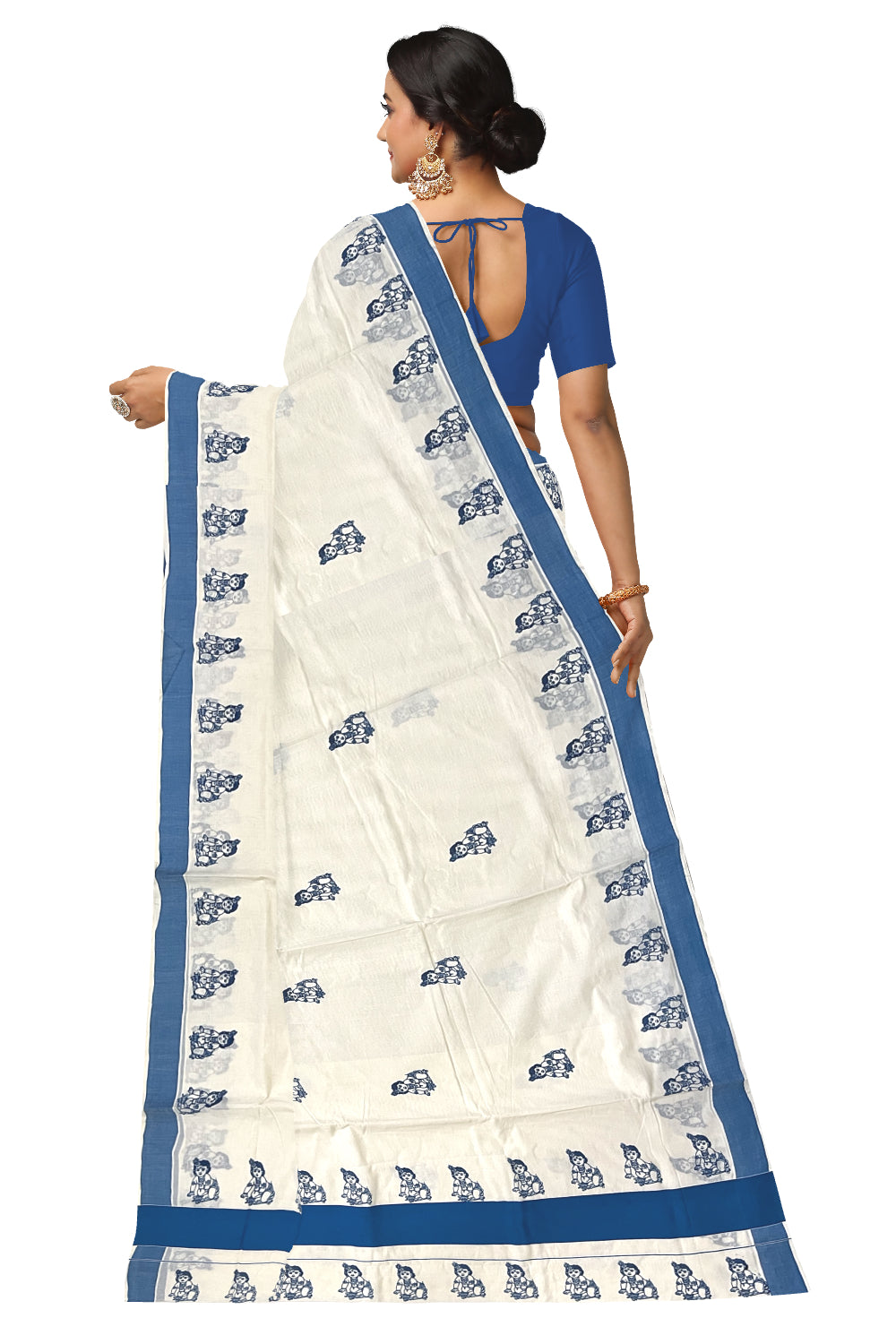 Pure Cotton Kerala Saree with Blue Krishna Block Printed Border (Onam Saree 2023)