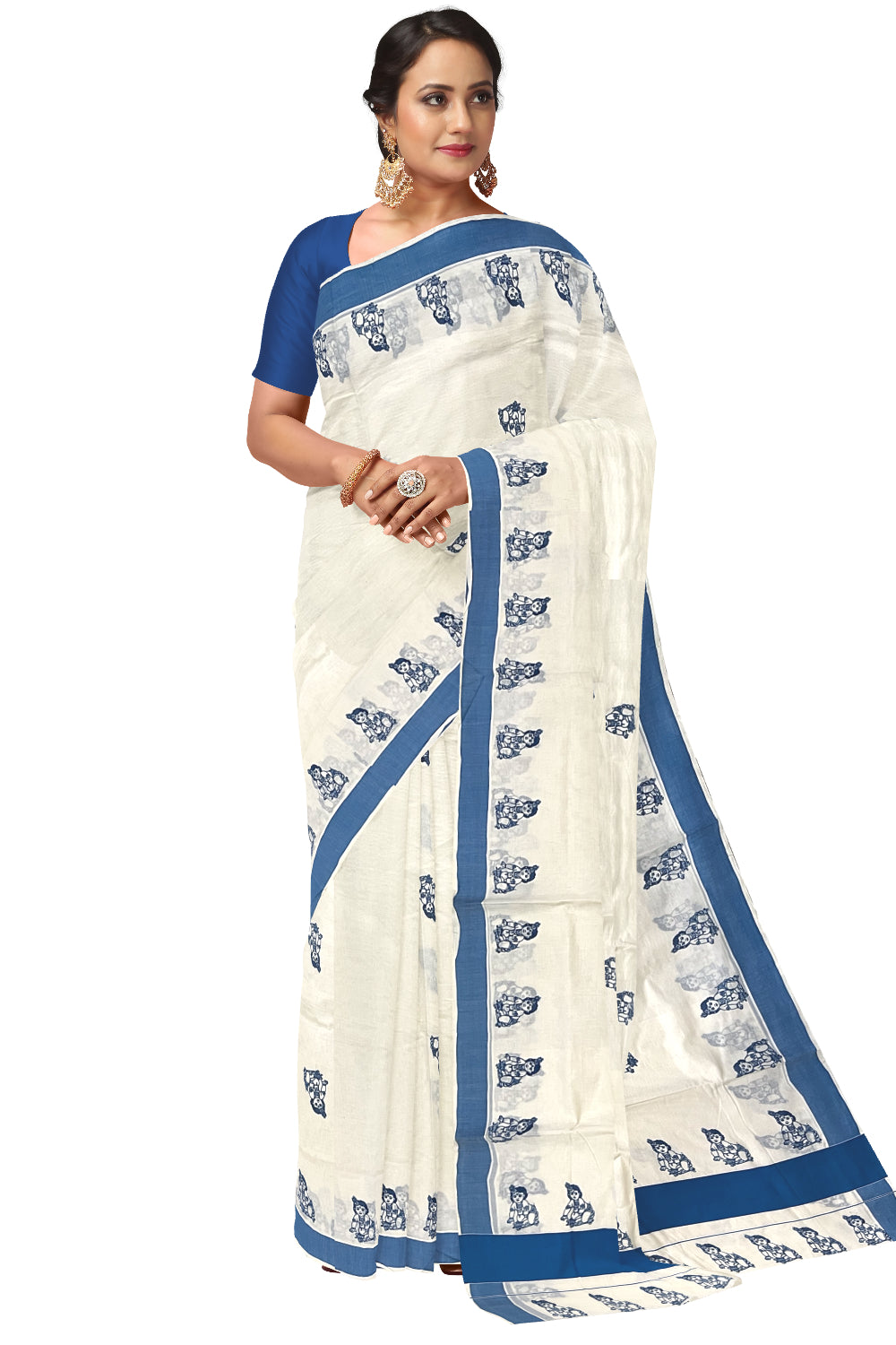 Pure Cotton Kerala Saree with Blue Krishna Block Printed Border (Onam Saree 2023)