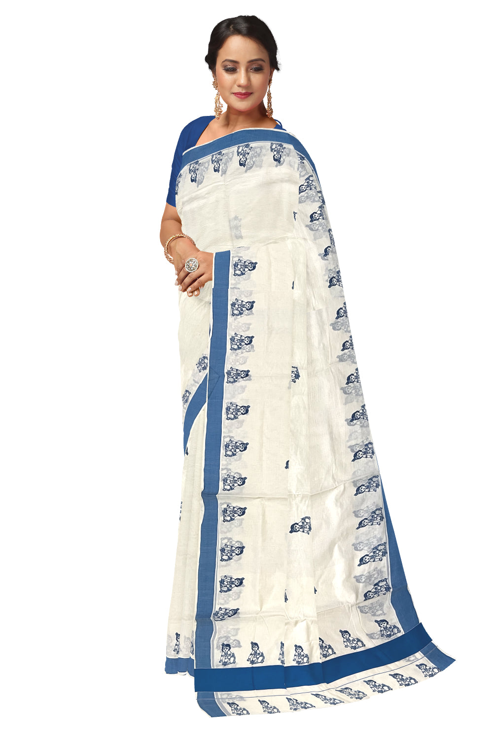 Pure Cotton Kerala Saree with Blue Krishna Block Printed Border (Onam Saree 2023)