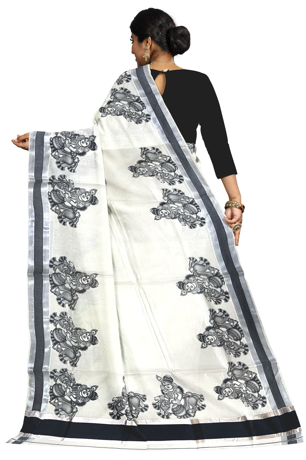 Pure Cotton Kerala Silver Kasavu Saree with Krishna Mural Prints and Black Border (Onam Saree 2023)