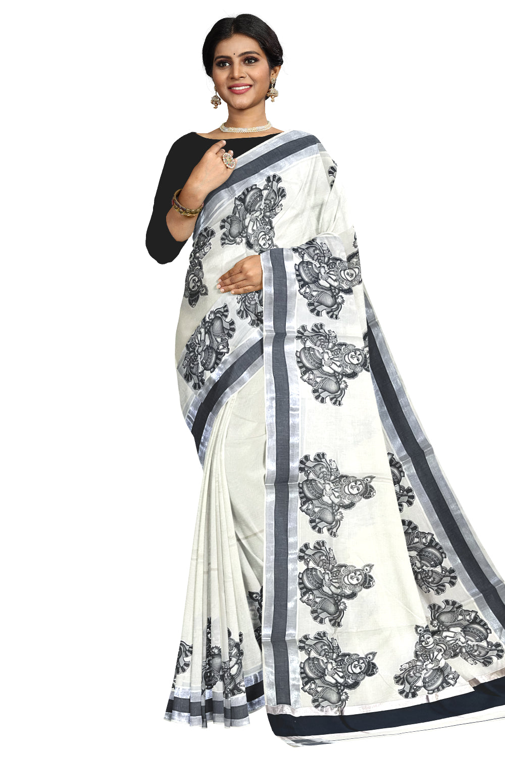 Pure Cotton Kerala Silver Kasavu Saree with Krishna Mural Prints and Black Border (Onam Saree 2023)