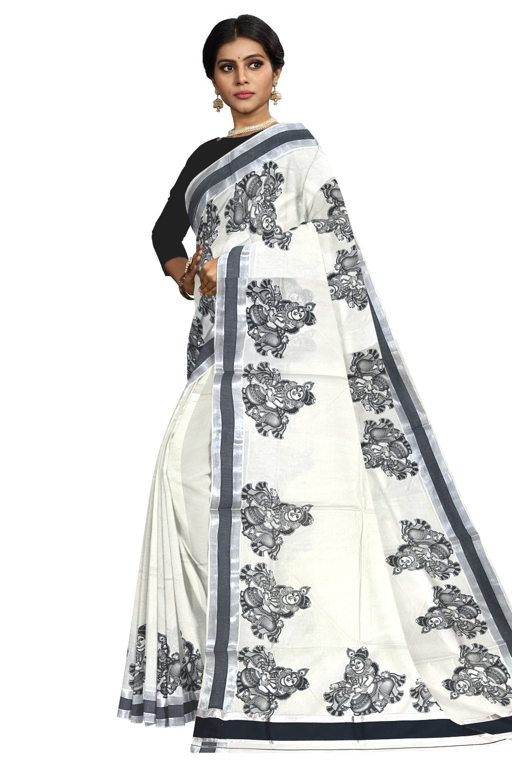 Pure Cotton Kerala Silver Kasavu Saree with Krishna Mural Prints and Black Border (Onam Saree 2023)