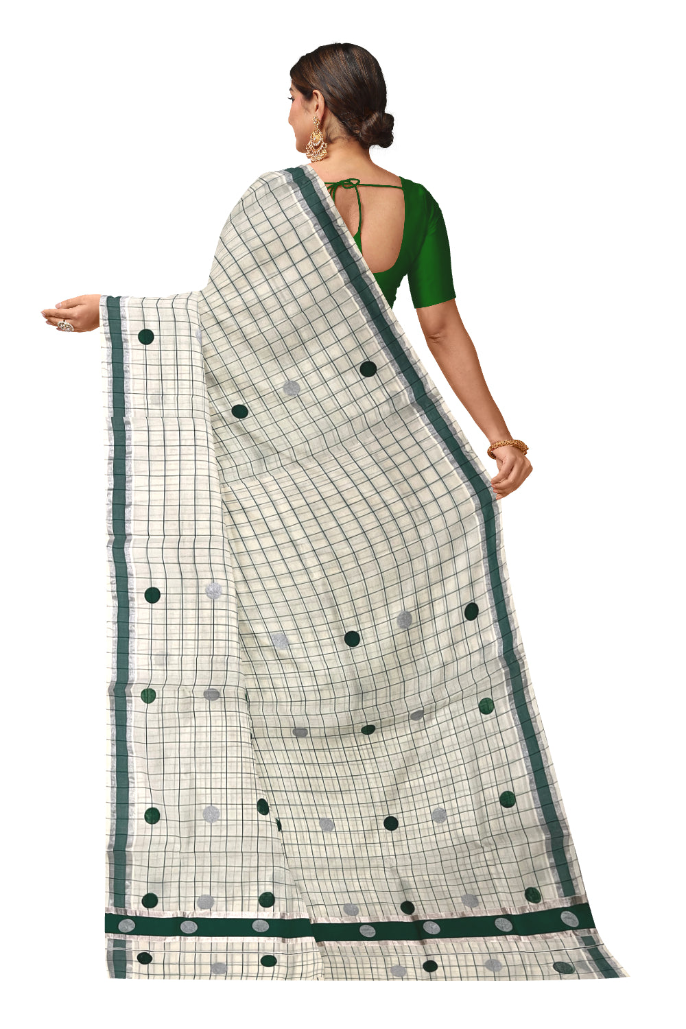 Kerala Pure Cotton Check Designs Saree with Silver and Green Polka Prints